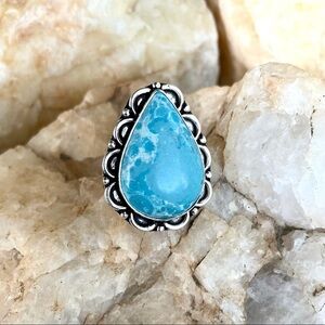 Large sky blue teardrop stone boho fashion ring size 7.5